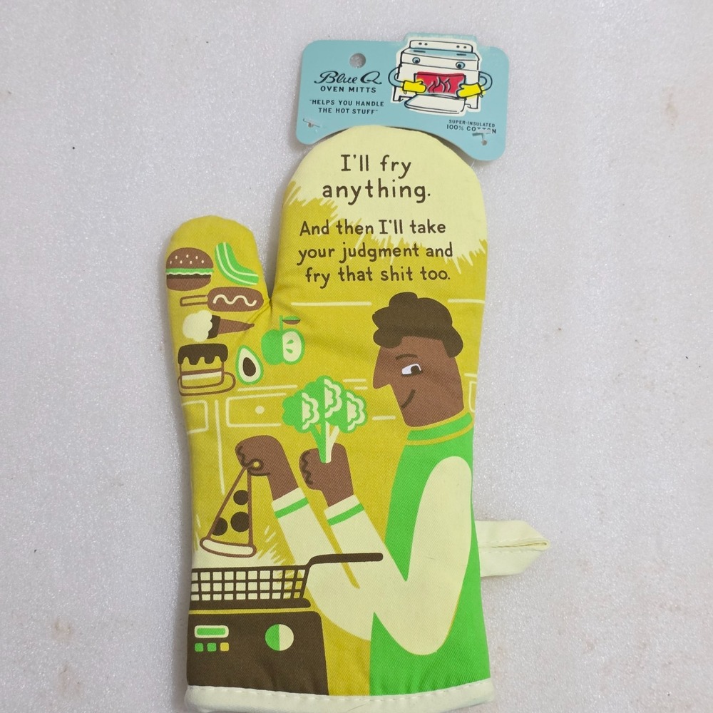 Blue Q Oven Mitt I'll Fry Anything. Green Yellow Brown White Cook Cotton New